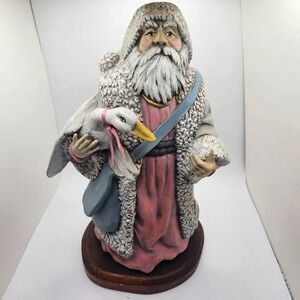Vintage Santa Claus Figurine Holding Goose Duck Wood Base 10" Rustic Folk Art